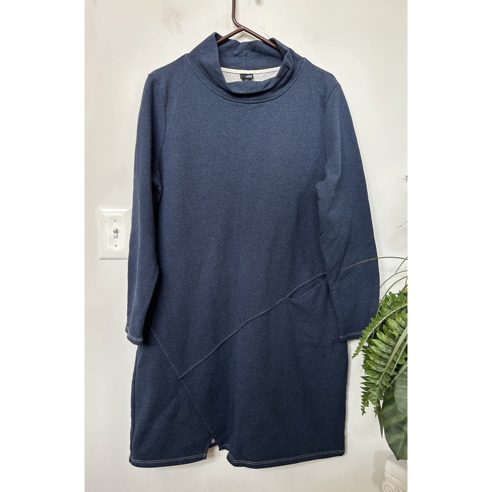 LISA BAYNE Gabrielle Dress L Navy Cowl Neck Asymmetric Lagenlook Cozy Sweatshirt